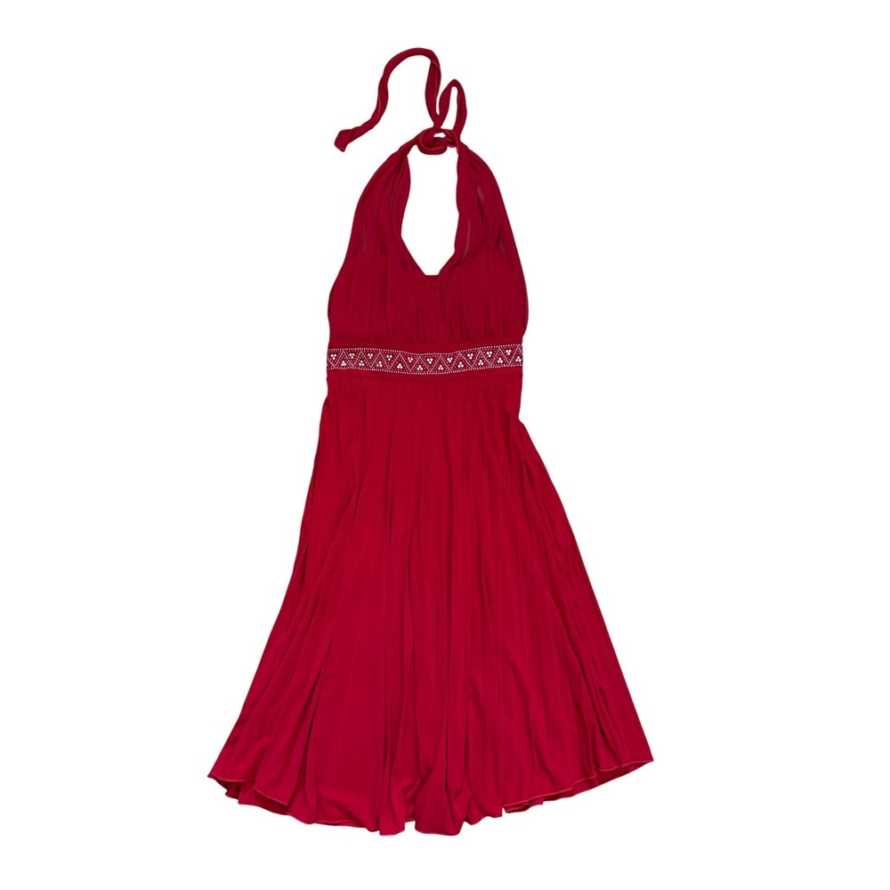 Vintage 90s Red Halter Pleated Fairy Party Dress Rhinestone S‎ sexy